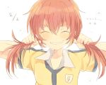  1boy ^_^ blush closed_eyes dated grin inazuma_eleven_(series) inazuma_eleven_go kirino_ranmaru lightning_bolt long_hair male_focus orange_hair raimon raimon_soccer_uniform shirota69 smile soccer_uniform solo sportswear twintails upper_body white_background 