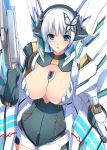  1girl blue_eyes blue_hair breasts butterfly_hair_ornament hair_ornament highres large_breasts minamon_(vittel221) parted_lips phantasy_star phantasy_star_online_2 simple_background solo white_background 