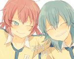  2boys aqua_hair blue_eyes blush closed_eyes dated grin inazuma_eleven_(series) inazuma_eleven_go kariya_masaki kirino_ranmaru lightning_bolt long_hair male_focus multiple_boys one_eye_closed pink_hair raimon raimon_soccer_uniform shirota69 smile soccer_uniform sportswear twintails upper_body white_background 