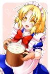  1girl aka_tawashi blonde_hair bow food gloves maid maid_headdress mugetsu short_hair smile solo soup touhou touhou_(pc-98) yellow_eyes 