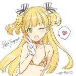  1girl 2015 ;d artist_name bikini blonde_hair character_name choker collarbone dated earrings fang gloves hair_ribbon heart idolmaster idolmaster_cinderella_girls jewelry jougasaki_rika long_hair number one_eye_closed ooyari_ashito open_mouth ribbon signature simple_background sketch smile solo spoken_heart swimsuit symbol-shaped_pupils timestamp twintails two_side_up upper_body v white_background white_gloves yellow_eyes 