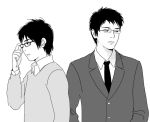  2boys adjusting_glasses black_hair blazer glasses greyscale jacket looking_away monochrome multiple_boys necktie original re:i side-by-side simple_background teacher_and_student white_background 