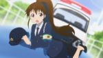  1girl april_fools blush brown_eyes brown_hair female_service_cap game_cg hat hat_removed headwear_removed high_heels long_hair official_art police police_uniform policewoman ponytail solo taneshima_popura uniform working!! 