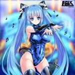  artist_request blue_eyes blue_hair breasts character_request detached_sleeves hair_ornament leotard long_hair musical_note outstretched_arms tail thigh-highs thighs twintails very_long_hair 