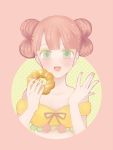  1girl bare_shoulders blush doughnut face green_eyes jojon looking_at_viewer mister_donut nail_polish open_mouth personification pon_de_ring simple_background solo upper_body 