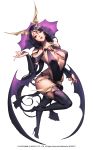  1girl alternate_costume bare_shoulders boots breasts bridal_gauntlets chaos_heroes_online company_name copyright_name demon_wings full_body head_tilt high_heels highres long_hair looking_at_viewer love_cacao nivas official_art parted_lips purple_hair simple_background skull solo thigh-highs thigh_boots very_long_hair violet_eyes white_background wings 
