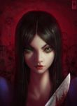  1girl alice:_madness_returns alice_(wonderland) alice_in_wonderland american_mcgee&#039;s_alice black_hair blood close-up dress face green_eyes highres knife lips long_hair looking_at_viewer paul_kwon photorealistic realistic smile solo weapon 