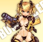  1girl akanbe autobot bebe1999 blonde_hair breasts bumblebee cleavage double_bun female green_eyes headgear highres large_breasts mecha_musume navel personification short_hair thigh-highs tongue tongue_out transformers weapon 