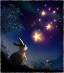  ^_^ arms_up bamboo border closed_eyes from_below glowing night no_humans original paws rabbit re:i sky smile star star_(sky) starry_sky tanabata whiskers 