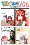  1girl 2boys 300 4koma animal_ears beard blue_hair cake candle cat_ears catstudioinc_(punepuni) comic emphasis_lines facial_hair food highres in_the_face jitome kaito left-to-right_manga leonidas long_hair multiple_boys original puni_(miku_plus) red_eyes redhead reverse_translation sleeveless table thai this_is_sparta translated vocaloid 