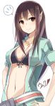  1girl belt bra breasts brown_eyes brown_hair center_opening cleavage front-tie_top hand_on_hip highres jewelry long_hair looking_at_viewer navel necklace noe_(mabue) phantasy_star phantasy_star_online_2 pointy_ears sketch smile solo ulc underwear white_background 
