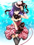 1girl april_fools bow breasts cleavage dress fate/stay_night fate_(series) frilled_dress frills garter_straps hat large_bow large_breasts matou_sakura microphone official_art purple_hair ribbon solo thigh-highs top_hat violet_eyes 