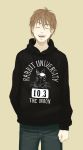  1boy brown_hair closed_eyes college_shirt english facing_viewer hand_in_pocket hoodie laughing open_mouth original pants rabbit re:i simple_background solo tan_background whiskers 