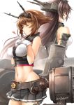  2girls antennae back-to-back bare_arms bare_shoulders breasts brown_eyes brown_hair finger_to_mouth gloves hair_ornament hands_on_own_chest heart kantai_collection large_breasts long_hair machinery mecha_musume midriff multiple_girls mutsu_(kantai_collection) nagato_(kantai_collection) navel okitakung one_eye_closed red_eyes shirt shushing skirt very_long_hair white_gloves 