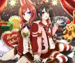  2girls black_hair book box chain curtains gift gift_box happy_valentine headphones headset heart heart_pillow looking_at_viewer love_live!_school_idol_project multiple_girls nishikino_maki open_mouth pillow red_eyes redhead shiina_kuro short_hair smile striped striped_legwear stuffed_animal stuffed_toy teddy_bear thigh-highs twintails valentine violet_eyes yazawa_nico 