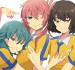  3boys aqua_hair blue_eyes brown_eyes brown_hair inazuma_eleven_(series) inazuma_eleven_go kariya_masaki kirino_ranmaru long_hair male_focus multiple_boys one_eye_closed pink_hair raimon raimon_soccer_uniform shindou_takuto shirota69 short_hair simple_background smile soccer_uniform sportswear twintails white_background yellow_eyes 