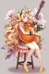  1girl :&lt; ahoge animal_ears bare_shoulders blonde_hair blue_eyes bracelet cat_ears electric_guitar flower guitar instrument jewelry knees_together_feet_apart lily_(flower) long_hair seeu sitting skirt solo tears thigh-highs very_long_hair vocaloid white_legwear windy4th 