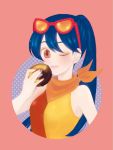  1girl blue_hair brown_eyes choco_fashion face jojon lips long_hair looking_at_viewer mister_donut nail_polish one_eye_closed personification pink_nails ponytail simple_background sleeveless solo sunglasses sunglasses_on_head upper_body 
