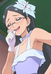  1girl armpits black_hair blush glasses gloves go!_princess_precure haruyama_kazunori kisaragi_reiko long_hair open_mouth precure smile solo white_gloves 