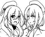  2girls :d atago_(kantai_collection) bangs beret commentary eu03 frown hair_between_eyes hat kantai_collection long_hair looking_at_viewer monochrome multiple_girls open_mouth short_hair simple_background sketch smile takao_(kantai_collection) white_background 