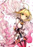  1girl absurdres ahoge blonde_hair breasts dress fate/extra fate/extra_ccc fate_(series) green_eyes highres huge_filesize incredibly_absurdres lock petals saber_bride saber_extra wada_aruko 