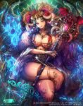  breasts brown_hair cleavage from_above guardian_cross hair_ornament head_tilt highres horns large_breasts long_hair looking_at_viewer magic official_art original smile solo staff tajima_yukie thigh_strap thighs violet_eyes 