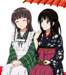  1girl 2girls black_hair brown_hair chitanda_eru closed_eyes cp9a crossover gochuumon_wa_usagi_desu_ka? hyouka japanese_clothes kimono long_hair multiple_girls satou_satomi seiyuu_connection sitting ujimatsu_chiya violet_eyes 