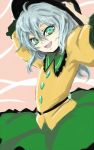  1girl flat_chest ginji_(sakaki_summer) green_eyes green_hair hat komeiji_koishi looking_at_viewer open_mouth skirt touhou 