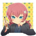  1boy aqua_eyes calligraphy_brush flower hair_flower hair_ornament haori inazuma_eleven_(series) inazuma_eleven_go japanese_clothes kimono kirino_ranmaru long_hair male_focus paintbrush pink_hair shirota69 smile solo twintails 