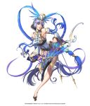  1girl blue_eyes bow_(weapon) braid chaos_heroes_online company_name copyright_name darae dress feathers full_body highres long_hair love_cacao official_art ponytail purple_hair simple_background solo standing standing_on_one_leg weapon white_background 