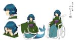  1girl blue_eyes blue_hair character_sheet closed_eyes crying head_fins japanese_clothes kimono long_sleeves mermaid monster_girl obi sash solo touhou translation_request urin wakasagihime wheelchair wide_sleeves 