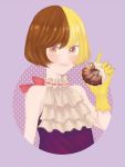  1girl blonde_hair bob_cut brown_hair chocolat_french_caster_chocolat doughnut face gloves jojon lips looking_at_viewer mister_donut mole mole_under_eye multicolored_hair personification short_hair simple_background sleeveless solo two-tone_hair upper_body 