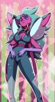  alexandrite_(steven_universe) blue_hair bodysuit breasts commentary_request extra_mouth fangs forehead_jewel fusion gloves highres koei18 large_breasts long_hair multiple_arms pink_skin steven_universe sunglasses very_long_hair 