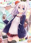  1girl aqua_eyes bag black_legwear cup hand_in_pocket highres ia_(vocaloid) jewelry kuroi_(liar-player) long_hair looking_at_viewer necklace open_mouth plaid plaid_skirt purple_hair skirt sleeves_past_wrists solo thigh-highs vocaloid 