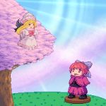  2girls blonde_hair bow cape cherry_trees dress hair_bow hat lily_white long_hair lowres multiple_girls muyue_mitsudou open_mouth pixel_art redhead sekibanki short_hair skirt smile touhou wings 