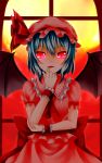  1girl ascot bat_wings blue_hair brooch elbow_rest fang finger_to_mouth glowing glowing_eyes hat hat_ribbon highres jewelry looking_at_viewer mob_cap parted_lips posoposo red_eyes remilia_scarlet ribbon short_hair short_sleeves skirt skirt_set slit_pupils solo touhou two-tone_background window wings wrist_cuffs 