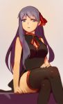  1girl bb_(fate/extra_ccc) black_dress black_legwear breasts china_dress chinese_clothes cleavage_cutout crossed_legs drawfag dress fate/extra fate/extra_ccc fate_(series) hair_ribbon large_breasts long_hair purple_hair ribbon sitting sleeveless sleeveless_dress solo violet_eyes 