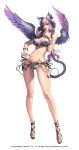  1girl akasha_(chaos_online) animal_ears bangle bikini bracelet breasts cat_ears cat_tail chaos_heroes_online fingernails hand_on_hip highres jewelry long_fingernails long_hair looking_at_viewer love_cacao navel o-ring_top parted_lips purple_hair red_eyes sandals solo swimsuit tail wings 