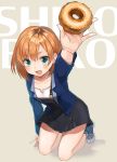  1girl blue_eyes brown_hair doughnut highres kneeling miyamori_aoi open_mouth shigure_ui shirobako short_hair smile solo 