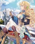  1girl blonde_hair boots braid breasts castle cleavage crossed_legs detached_collar fantasy gloves hair_ornament jewelry leather_gloves long_hair original pants pointy_ears sansa_(aaxaa403) sitting solo twitter_username wavy_hair whip white_pants 