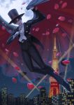  1boy bishoujo_senshi_sailor_moon black_pants building cane cape chiba_mamoru city clothes_grab eclosion formal full_body gloves hat male_focus mask moon moonlight night night_sky pants petals rose_petals sky solo star_(sky) starry_sky tokyo_tower top_hat tuxedo tuxedo_kamen white_gloves 