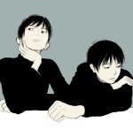  2boys black_hair black_shirt chin_rest head_on_arm leaning looking_away monochrome multiple_boys muted_color original re:i side-by-side 