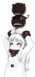  1girl :t absurdres aodaisuki armpits grin highres kantai_collection long_hair looking_up mittens monster northern_ocean_hime pale_skin red_eyes shinkaisei-kan smile solo squiggle white_hair 