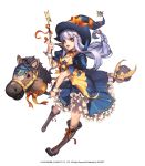  1girl alternate_costume boots broken_(chaos_online) broom broom_riding brown_eyes chaos_heroes_online company_name copyright_name full_body hat highres hobby_horse long_hair love_cacao official_art pinky_out purple_hair simple_background skull smile solo wand white_background witch witch_hat 
