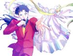  2girls androgynous bishoujo_senshi_sailor_moon black_hair blonde_hair dress formal highres hoshiai_tora long_hair microphone multiple_girls outstretched_hand ponytail princess_serenity seiya_kou singing tsukino_usagi twintails very_long_hair white_dress 