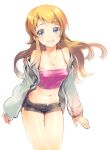  1girl blonde_hair blue_eyes blush breasts camisole fang furikawa_arika hair_ornament hairclip kousaka_kirino long_hair looking_at_viewer midriff off_shoulder open_mouth ore_no_imouto_ga_konna_ni_kawaii_wake_ga_nai short_shorts shorts simple_background sketch solo white_background 