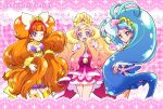  3girls :d amanogawa_kirara blonde_hair blue_eyes blue_hair blush bow brooch choker copyright_name cure_flora cure_mermaid cure_twinkle earrings eyebrows gloves go!_princess_precure green_eyes hair_ribbon haruno_haruka jewelry kaidou_minami long_hair low-tied_long_hair magical_girl multicolored_hair multiple_girls nanjou_akimasa one_eye_closed open_mouth orange_hair pink_hair pink_skirt precure purple_hair quad_tails redhead ribbon skirt smile star star_earrings streaked_hair thick_eyebrows thigh-highs twintails two-tone_hair very_long_hair violet_eyes 