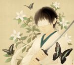  1boy album_cover beige_background black_hair blindfold butterfly cover flower_request holding_sword japanese_clothes katana kimono original re:i signature solo style_request sword weapon white_flower 