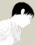  1boy black_hair body_offscreen from_side grey_background hand_on_another&#039;s_neck hug hug_from_behind looking_down monochrome original re:i shirt simple_background skeletal_arm solo_focus white_shirt 