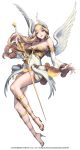  1girl alternate_costume blonde_hair blue_eyes breasts chaos_heroes_online company_name copyright_name feathered_wings full_body head_wings high_heels highres long_hair looking_at_viewer love_cacao official_art parted_lips sheryl_(chaos_online) simple_background smile solo sword weapon white_background white_wings wings 